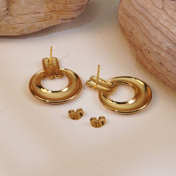 Gold Plated Circle Stud Earrings, Stainless Steel, Urban Elegant - Picture 6 of 9